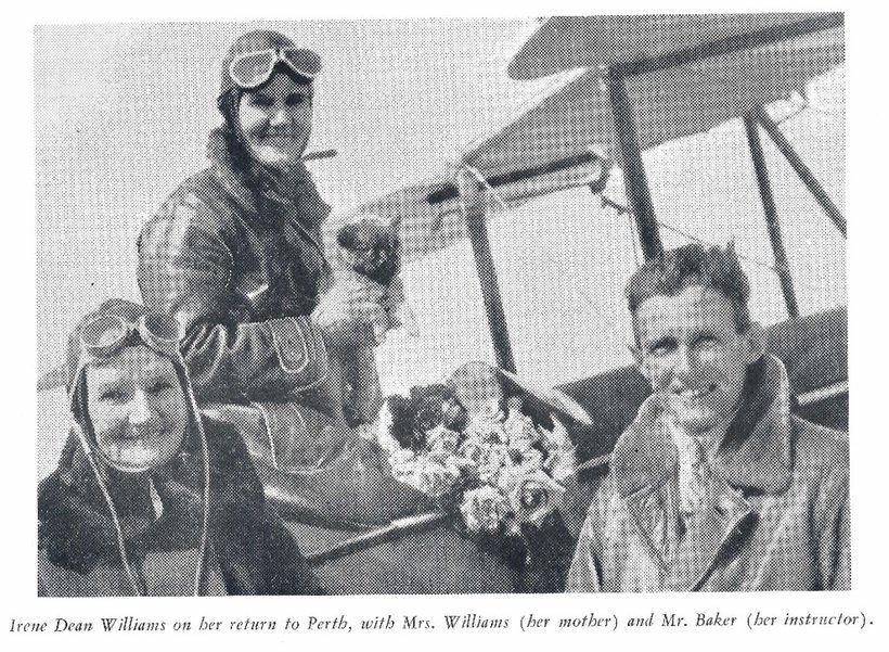 Irene Dean-Williams on her return to Perth, with Mrs Williams (her mother) and Mr Baker (her instructor).