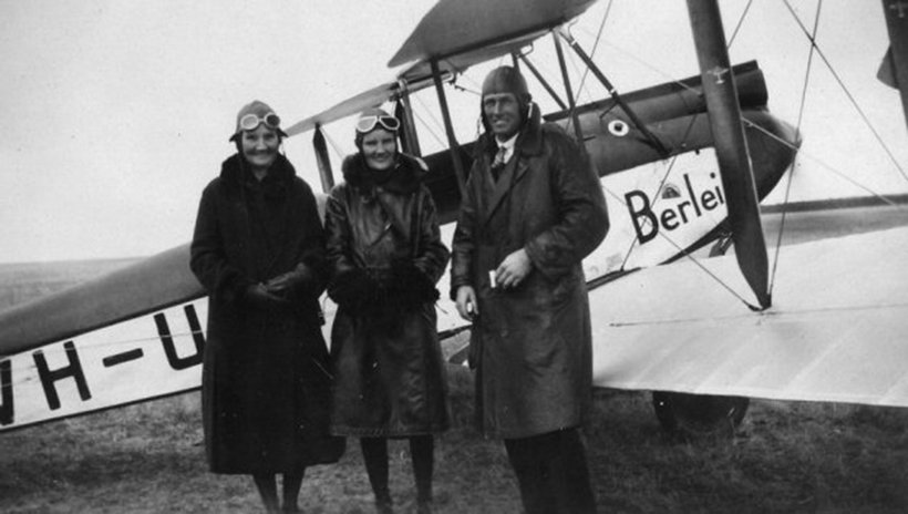 Miss Irene Dean Williams (centre), her mother, Mrs. Selina Mathilda -Williams and Harry "Cannonball" Baker, Miss Dean-Williams' West Australia Aero Club flying instructor.