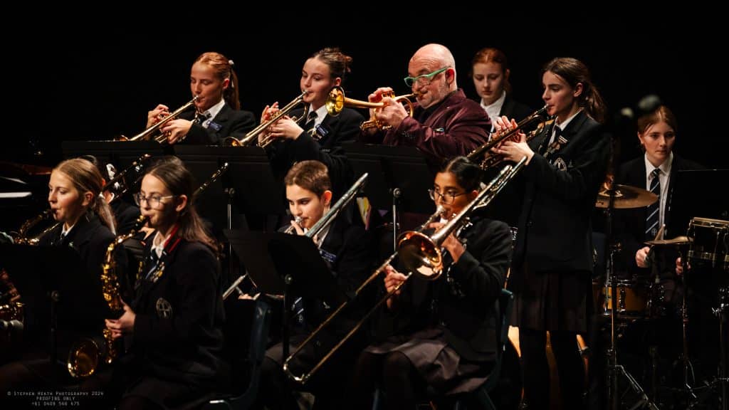 School band performing with brass instruments